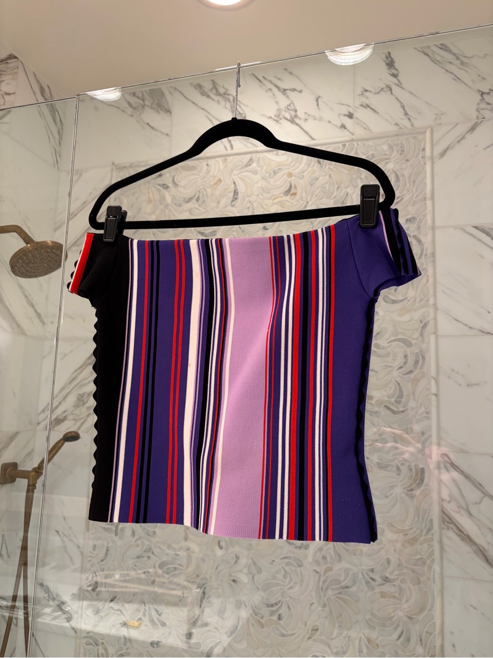 Opening Ceremony Multicolor Striped Off-Shoulder Top — Purple, Pink, Red, Black
